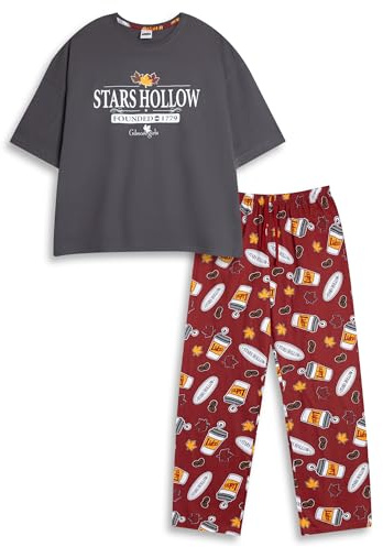 Gilmore Girls Stars Hollow Women's Grey Short Sleeve Long Leg Pyjama Set | Solid Sleepwear with Crew Neck | Comfortable Loungewear for TV Show Fans Merch - Medium