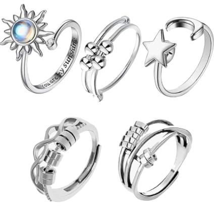 Makloee Anxiety Ring, 5 Pcs Fidget Rings Fidget Ring Adjustable Open Spinner Rings Spinner Mood Rings Knuckle Rings Jewellery for Women Men Anxiety Stress Relief Birthday Party Gifts