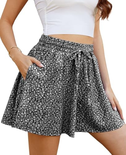 Yutdeng Pantalones Cortos Mujer Verano Casual Fluidos Shorts Mujer Elegantes Pierna Ancha Gasa Floral Falda Pantalon Corto Playa Cintura Elástica Bermudas Bohemio Frescos Vacaciones Cordón Bolsillos