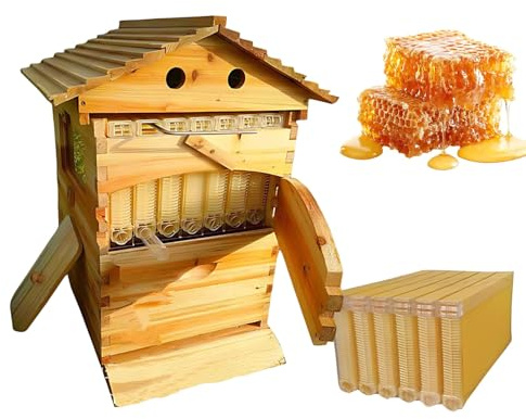 Bienenstock Starter Kit Holz Selbstfließende Bienenbeute, 7 Rahmen Bienenstock, Honigauslauf, Sichtfenster, Honig-Flusssystem, Einsteiger Imkerei Kit für Garten und Hof