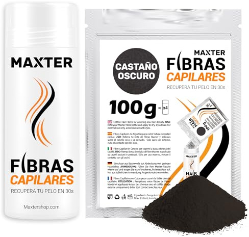 Maxter Streuhaar zur Haarverdichtung DUNKELBRAUN + Nachfüllbeutel 100g - Haarpuder gegen Kaschierung von Haarausfall - Männer und Frauen - Mikrofaser in Pulverform - Hair Fiber