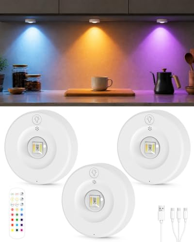 USB Aufladbar LED Spots Akku, 3 Stück RGB Vitrinenbeleuchtung LED, Weiß | kabellos unterbauleuchte mit fernbedienung, dimmbare, timer, 1800mAh, magnet puck lights schrankbeleuchtung für küche vitrine