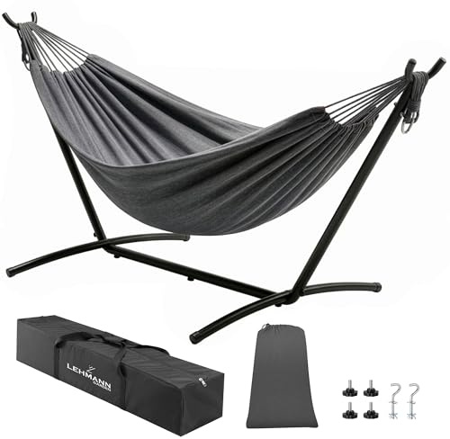 LEHMANN Hängematte mit Gestell, Doppelhängematte für 2 Personen, bis 200 kg belastbar, mit Tragtasche für Hängemattengestell, Einfacher Aufbau, Indoor & Outdoor für Camping, Garten, Balkon