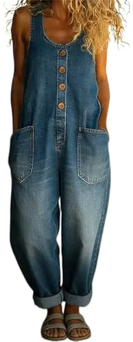 Generisch Damen-Latzhose im Vintage-Stil (Denim-Optik) – Regular Fit, Baggy-Schnitt, Jumpsuit mit Latz, lässige Haremshose mit Knopfleiste und Taschen