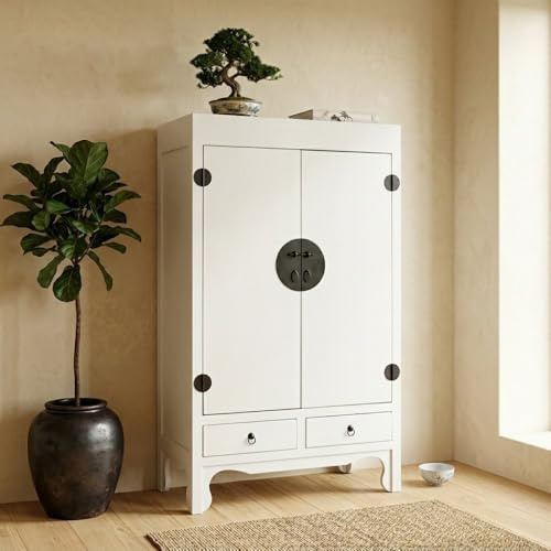 LEBENSwohnART Asia Hochzeitsschrank Antik-Weiß Shabby Chic ca. H175cm Mahagoni Kleiderschrank