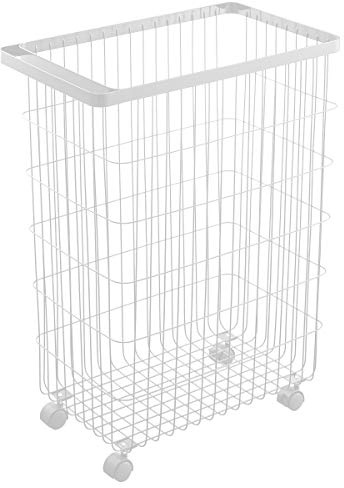 Yamazaki 4776 Tower tvättkorg med hjul, vit, stål/nylon, minimalistisk design, 28 x 46,5 x 61 cm (L x B x H)