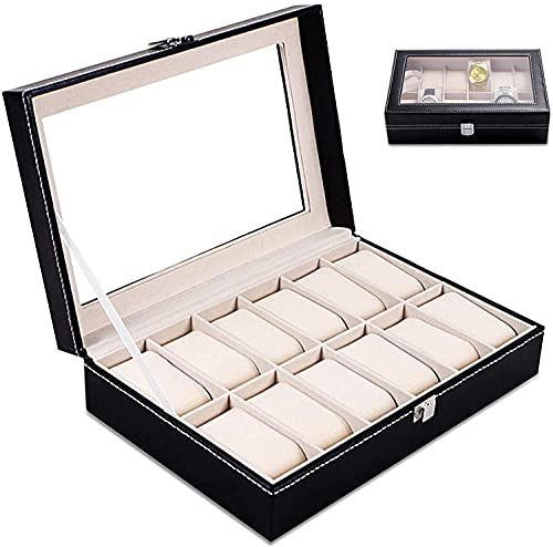 TWBEST Uhrenbox,Uhrenkasten,Uhrenaufbewahrungsbox mit 12 Fächern,Uhren Aufbewahrung Deckel mit Spiegel,Uhrenkoffer Uhrenschatulle mit Herausnehmbaren Uhrenkissen, Metallverschluss(30 * 20 * 8cm)