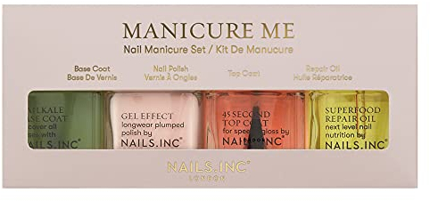 Nails Inc Manicure Me Nail Manicure Quad, Base Coat, Longwear Pink Polish, Quick Dry Top Coat, Nail Repair Oil, At Home Salon Quality Mani And Pedicures, 4 Piece Set
