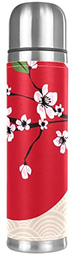 Thermoskanne mit japanischen rosa Kirschblüten, Blumen, rote Sonne, vakuumisolierte Wasserflasche, kompakter Edelstahl-Kaffee-Reisebecher, 500 ml