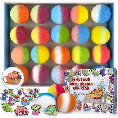 20 Badebomben für Kinder mit Dinosaurier-Saugnapf-Überraschung im Inneren, ganz natürliche Bio-Badebomben für Mädchen und Jungen zum Geburtstag, Weihnachten, bunte Sprudelbomben für Kleinkinder