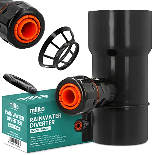 Millto™ Raccolta di Pioggia per Collegare Tubo di Scarico e Serbatoio dell'Acqua Piovana con Filtro DN Ø90 mm Nero | Recuperatore Connettore di Scarico per Grondaia Raccordo per Tubo Giardino