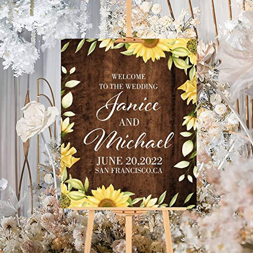 Individuelles Holzschild für Hochzeiten, Sonnenblume, braunes Holz, rustikales Holz, Willkommensschild, schickes Hochzeit, Party, Schild für Jahrestag, Verlobung, Verlobung, Dekoration, 40,6 x 50,8 cm
