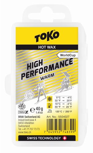 TOKO High Performance Warm Heisswachs, Skiwachs für Rennläufer, 40 g | Fluorfreies Rennwachs mit TripleX Technologie, ausgezeichnete Wachshaftdauer, für 0 bis minus 4 °C, mit Wachscase