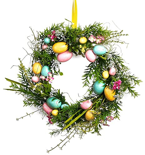 Kdtoll Osterkranz, Türkranz Ganzjährig mit Ostereiern, Türkranz Frühling Groß 45cm, Frühlingskranz Haustür zum Aufhängen, Osterdeko für Draußen, Wand, Fenster