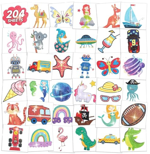 EMOME 204 Sheets Glitter Tattoos for Kids, Individually Wrapped Temporary Tattoos for Girls and Boys, Fake Tattoo Stickers for Kids Easter Basket Stuffers Egg Fillers, Birthday Party Favors Supplies