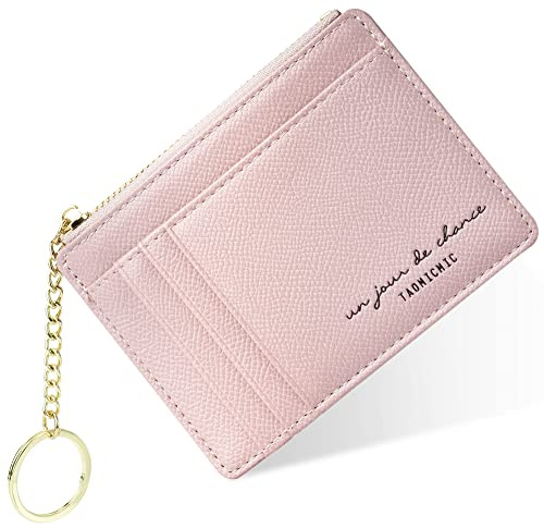 URAQT Credit Card Holder Wallet, Minimalist Leather Slim Change Wallet Zipper Coin Purse, Mini Credit Card Protector, Keychain Front Pocket Wallets for Women Ladies - 8 Card Slots and 1 Pocket