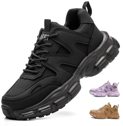 COOU Arbeitsschuhe Damen Leicht Sicherheitsschuhe rutschfest Sportlich Stahlkappenschuhe Atmungsaktiv Schutzschuhe CO1 Schwarz/38