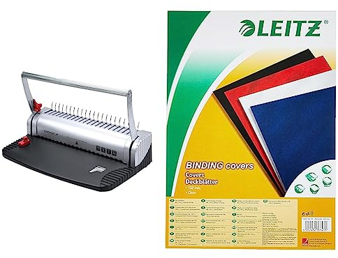 Genie CB 800 Spiralbindegerät (bis 145 Blatt; DIN A4; Inkl. Plastikbinderücken-Set) silber/schwarz & Leitz 73860003 Deckblatt Klarsichtfolie, A4, 100 Stück, glasklar
