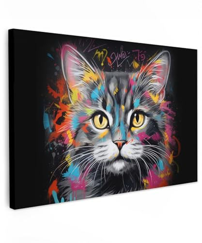 MuchoWow© Leinwand Groß XXL Deko Schlafzimmer Aesthetic Leinwandbilder | 120x80 cm - Wohnzimmer Gemälde Foto Geschenk Living Room Decoration Banksy - Street Pop Art - Katze - Graffiti - Farben