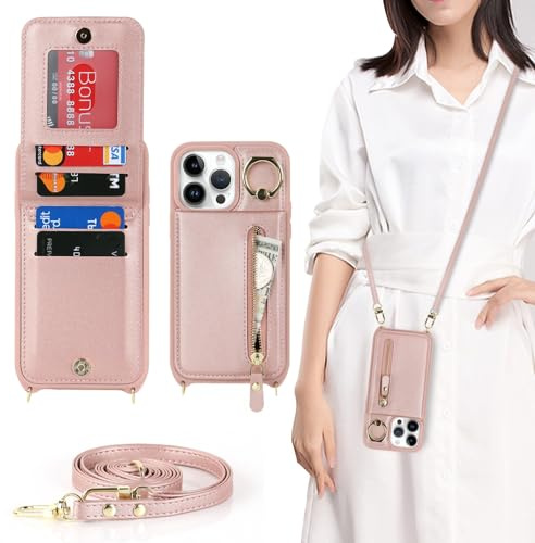 Zouzt Crossbody Wallet Case for iPhone 14 Pro Max, with Strap, Rose Gold | Lanyard Purse, 4 Card Holder, 360° Ring Kickstand, PU Leather Zipper Handbag, Shockproof TPU, Back Flip Phone Cover for Women
