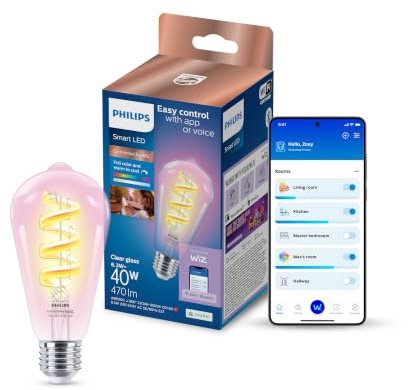 Philips Smart Lighting, Smart LED RGB ST64-Filamentlampe, E27-Sockel, 470 lm, Farbe und Einstellbares Weißlicht 2.200–6.500 K, Niedrig Dimmbar, Connected by WiZ, Alexa, Google Home, Apple Home