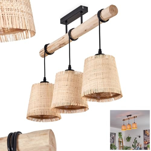HOFSTEIN Soungou Ceiling Light, Modern Ceiling lamp Made of Wood/Metal/Bast in Natural/Black/Beige, 3-Flame Ceiling Light in Scandinavian Design, 3 x E27, Height max. 81 cm, Without Bulbs