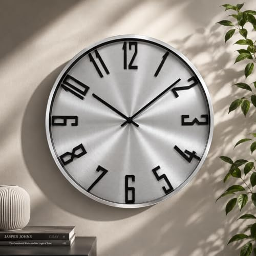 K&L Wall Art 30cm große Aluminium Wanduhr für Wohnzimmer Uhr leise Silber Metalluhr Edelstahl Optik ohne Tickgeräusche