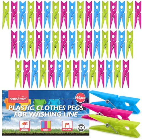 SOL 46pk Plastic Clothes Pegs - Extra Strong Assorted Laundry Clips | Weather resistant grip, bright red green and blue, for washing lines, airers and craft projects