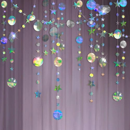 52Ft Hängenden Papier Girlande Holographisch Regenbogen,Rund und Stern Papier Deko for Party(4M x 4)