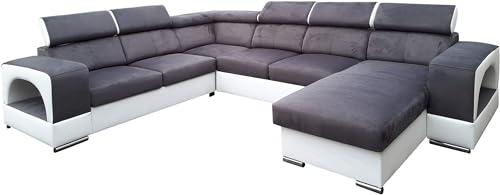 Ecksofa mit Schlaffunktion Rodrigo Pano in Stoff Aria 17+Soft31 mit Bettkasten XXL Sofa Wohnlandschaft U-Form Groß Schlafsofa mit Wellenfedernkern verstellbare Kopfstützen Grau Weiß 19 (Rechts)
