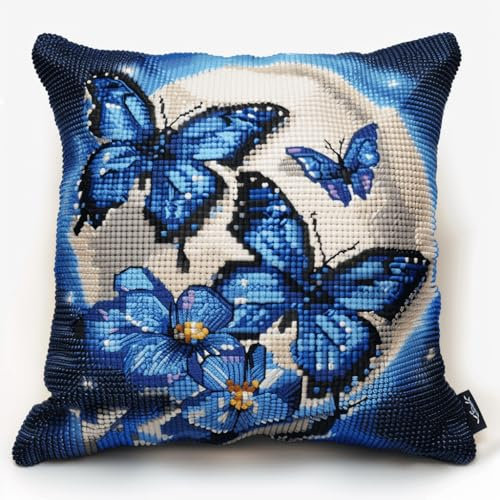 RKFLGEW DIY knüpfen set erwachsene blauer Schmetterling knüpfkissen Anime Mond DIY Knüpfkissen-Set，Anfänger，Erwachsene，Teenager，Geschenk，Stickerei，Heimdekoration，Knüpfhaken-Set 43x43cm