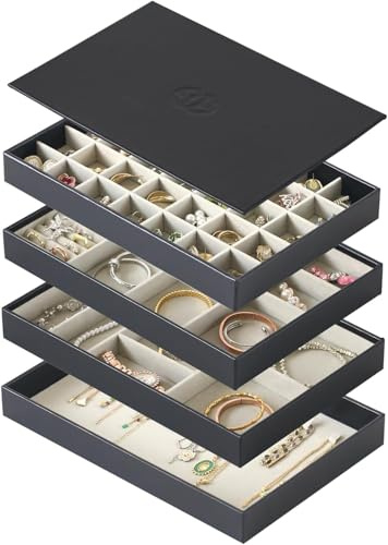 Neateam Schmuck Organizer Schublade Schmucktablett Groß Ohrringe Organizer Jewellery Ohrstecker Aufbewahrung PU Schmuckaufbewahrung Schmucktablett mit Deckel Schmuckkästchen Damen Schwarz