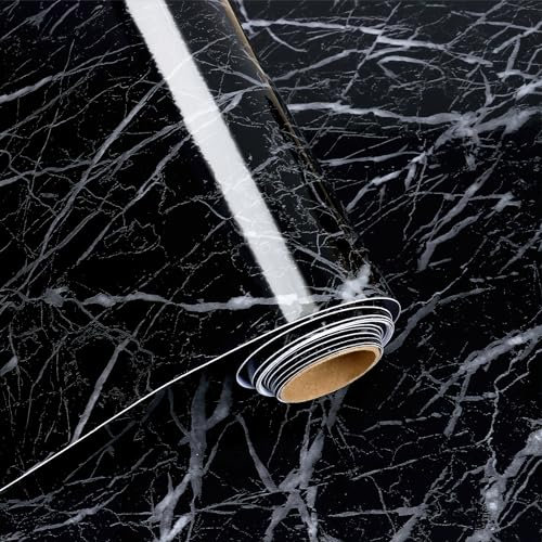 VaryFloral Carta da parati autoadesiva in vinile nero effetto marmo, 30 cm x 300 cm, in bianco e nero, carta da contatto, impermeabile, per piano di lavoro, copertura in vinile ispessito, retro