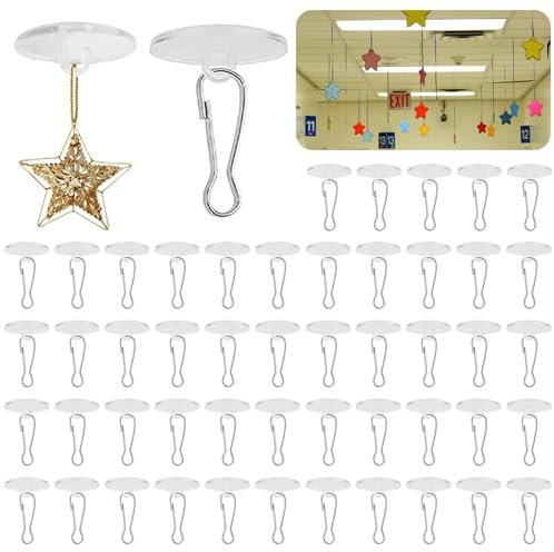CHEHNAN Pack of 50 Transparent Self-Adhesive Ceiling Hooks, Ceiling Hooks No Drilling Required, Ceiling Mounting Hooks with Flagpole Clips, Adhesive Hooks for Ceiling, Kitchen, Bedroom, Bathroom (50
