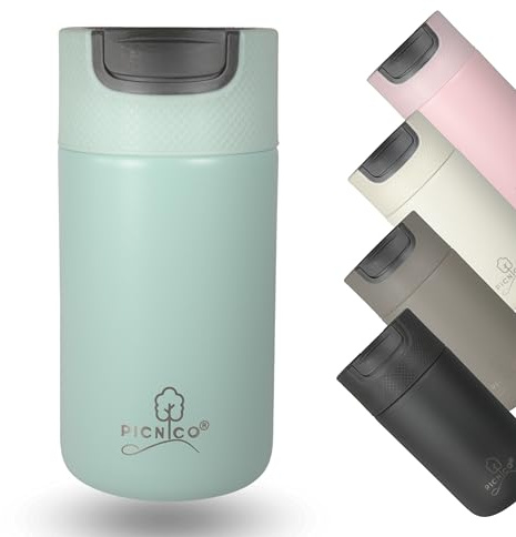Picnico® - Kaffeebecher to go 400ml aus Edelstahl mit Drehverschluss grün (auslaufsicher, isoliert) - Thermobecher für Kaffee & Tee hält 4h warm - Thermo-Flasche & Coffee-Becher mit Deckel