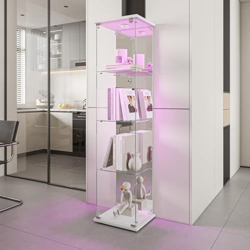 Glasskåp med LED-belysning, vitrinskåp för samlingar, med 1 dörrar och 4 hyllor, transparent glasskåp för figurer, vardagsrum, bar (4 hyllor, 1 dörr + LED-spegeleffekt, vit)