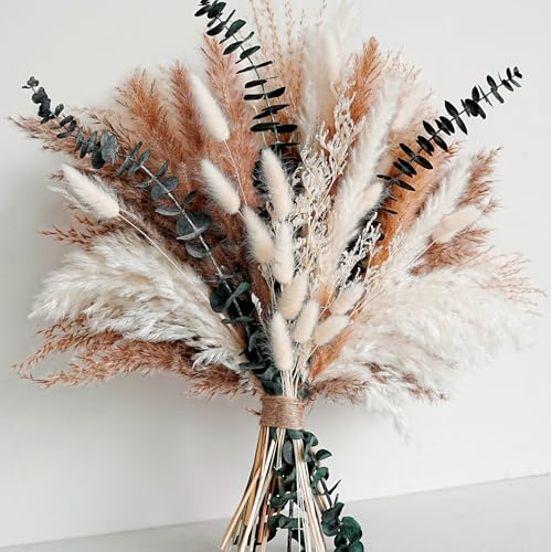Dried Flower Bouquet - Pampas Grass, Bunny Tails, Olive Green Eucalyptus & Preserved Flowers - Boho Chic Home Decor, Rustic Wedding Centerpiece, Farmhouse Style Arrangement (Vase Not Included)