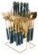 Juego de cubiertos de acero inoxidable de 24 piezas con soporte para colgar, servicio para 6 utensilios, juego de vajilla pulida con espejo, tenedores, cuchillos, cucharas, para cocina en casa (verde)