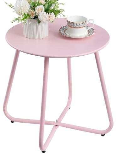HollyHOME Sidobord utomhus balkongbord, runt trädgårdsbord, litet sidobord, kaffebord, nattduksbord, metallbord, uteplats, vardagsrum, terrass, rosa