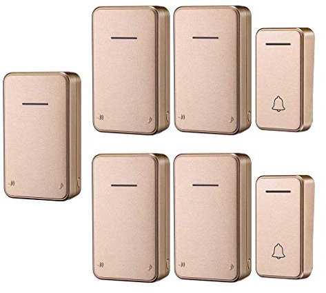 WOTZOV Timbre inalámbrico Resistente al Agua, no Requiere Pilas, Timbre inalámbrico enchufable, 2 transmisores, 5 receptores, 48 Luces LED Intermitentes con música, Alcance supe,Oro