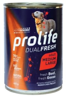 Prolife Humide Chien Adult Medium Large Dualfresh 400 g, aliment complet pour chiens adultes de toutes tailles goût boeuf et oie | 6 boîtes de 400 grammes