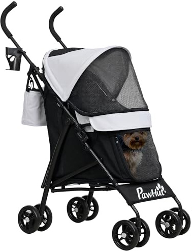 PawHut Passeggino per Cani di Taglia Piccola Pieghevole con Guinzagli, Borsa Portaoggetti e Portabicchieri, Passeggino per Animali con Finestre in Rete, 76x44x103 cm, Nero e Grigio Chiaro
