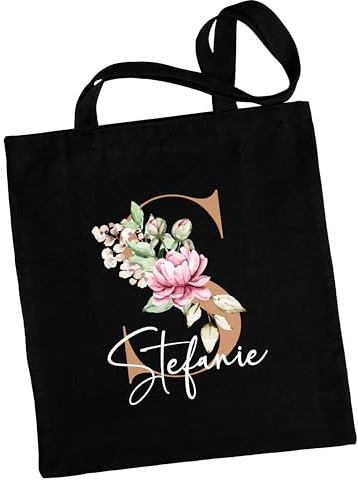 Einkaufstasche personalisiert mit Namen & Initialen - Stofftasche, Stoffbeutel, Tragetasche - Geschenk für Frauen Kollegen Freundin - Schwarz, 38x42 cm, 100% Baumwolle, langer/kurzer Henkel