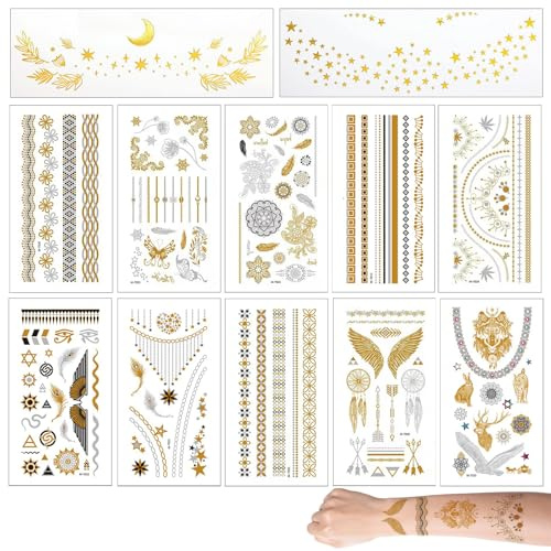 WUERKIYA Goldene temporäre Tattoos Set Damen Kinder Erwachsene – Metallic Flash Tattoo Aufkleber für Gesicht & Körper – 12 Stück – Wasserfest, Hautfreundlich, Modeaccessoire