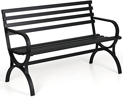 PHI VILLA Gartenbank Metall Wetterfest 124 cm, Outdoor Gartenstuhl Sitzbank Parkbank für 2-3 Sitzer mit Rückenlehne Armlehne für Garten, Balkon und Veranda, Schwarz