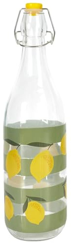 WDMT Glas-Bügelflasche 1 Liter – Wiederverwendbare Wasserflasche mit Zitronen-Print und grünen Streifen – Mit gelbem Bügelverschluss – Flasche für Wasser, Limonade, Saft – Sommer-Design – BPA-frei