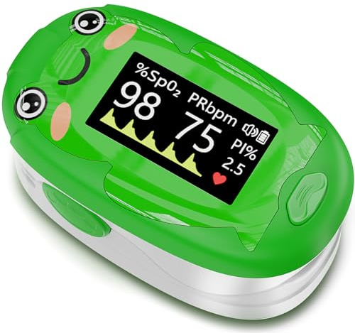 Alecaremed Pulse Oximeter for Kids, Adorable Animal Children Oxygen Monitor Fingertip with 20 × Memory, 4 Color OLED Display Blood Oxygen Saturation Monitor with Alarm, Batteries and Lanyard (Green)
