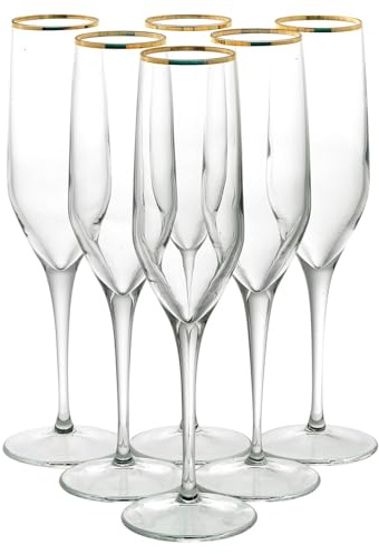 Queensway Home & Dining Gold Rim Wine Glasses & Champagne Flutes Set - Luxury Long-Stem Glassware for Red, White & Sparkling Wine - Elegant Goblet Collection for Weddings, Parties & Home Entertaining