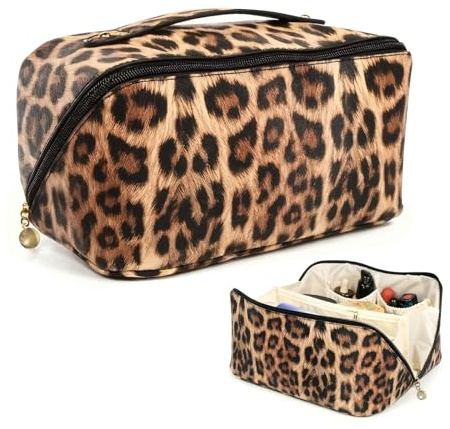 YONEEKSS Leopard Print Makeup Bag for Women, Large Capacity Travel Make Up Bag, Waterproof Portable PU Leather Toiletry Bag with Divider and Handle (Brown)