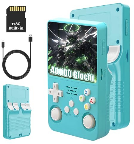 R36S Console di Gioco Portatile Retrò 128G, Console di Gioco Emulatore Portatile con 40000+ Giochi, Schermo IPS da 3,5 Pollici, Sistema Linux, Supporta Molti Emulatori, Joystick 3D (Azzurro Cielo)